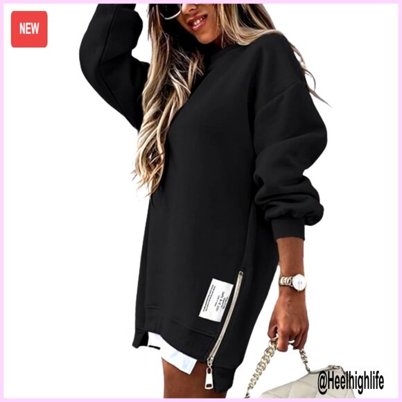 Oversized Long Sleeve Zipper Slit Sweatshirt Polyester Blend Drop Shoulder